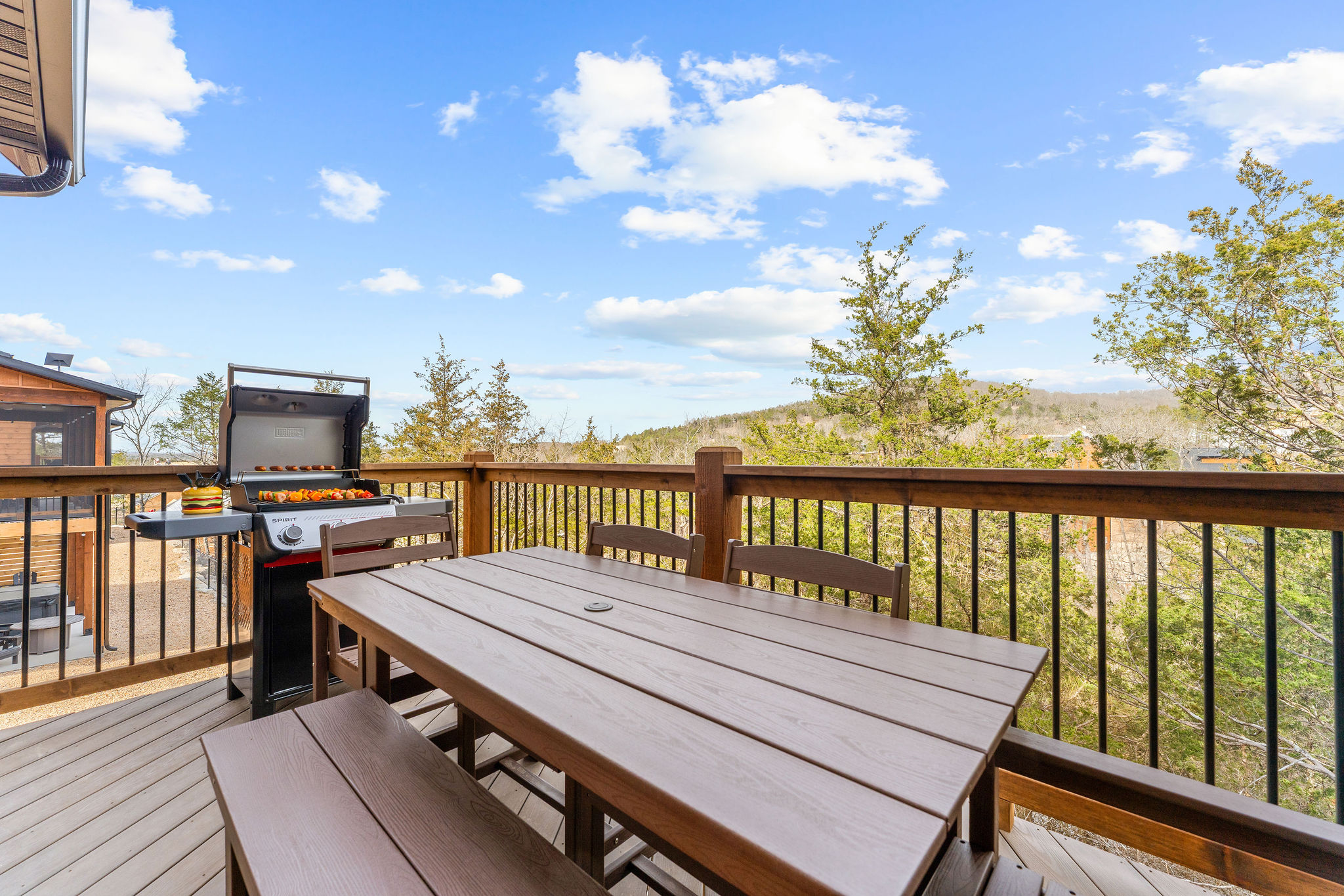 The main deck has a picnic table and propane grill for cooking up those burgers, hot dogs and of course the kebabs!