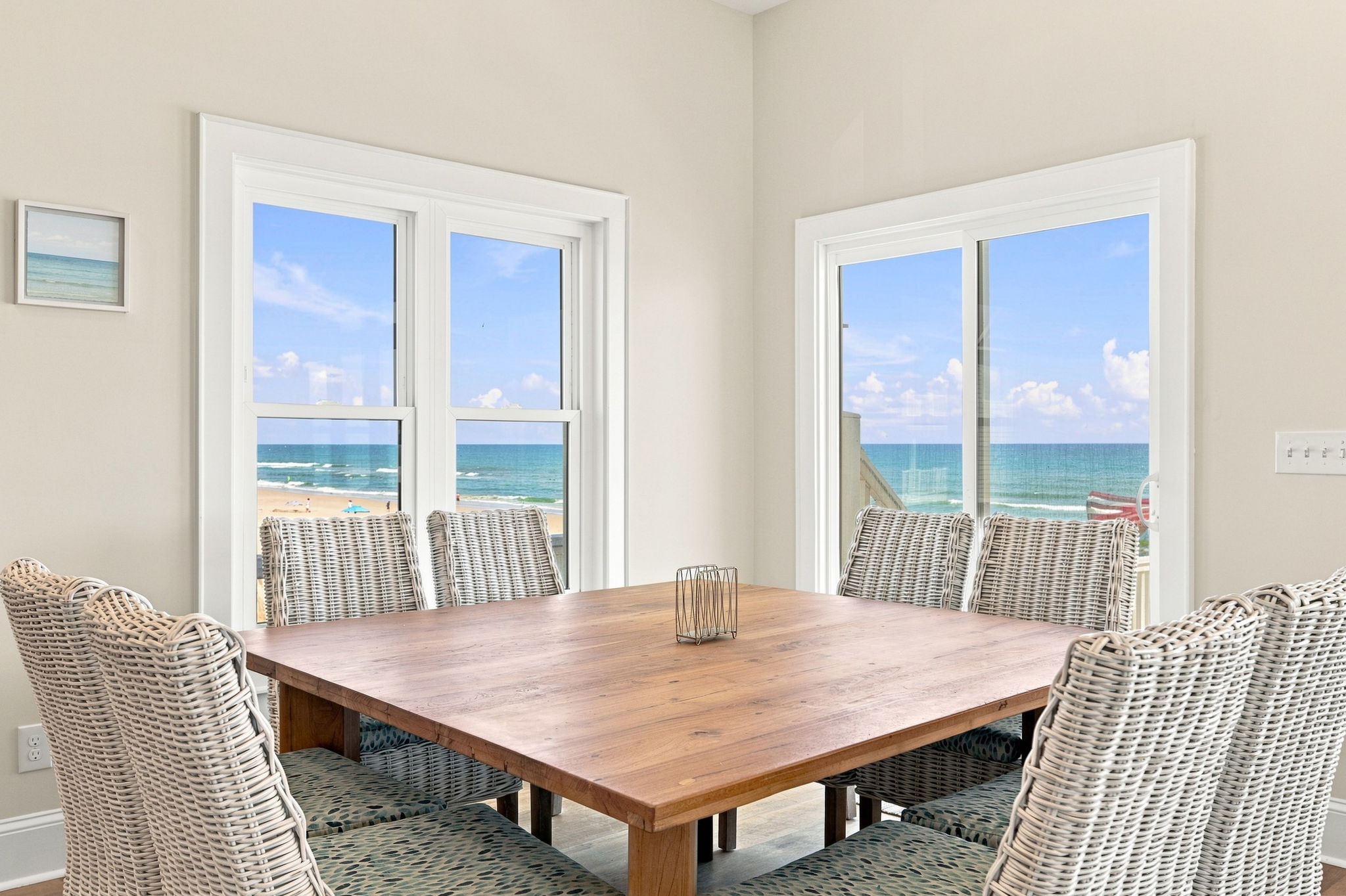 Gather around the dining table for eight and enjoy family meals with breathtaking ocean views as your backdrop.