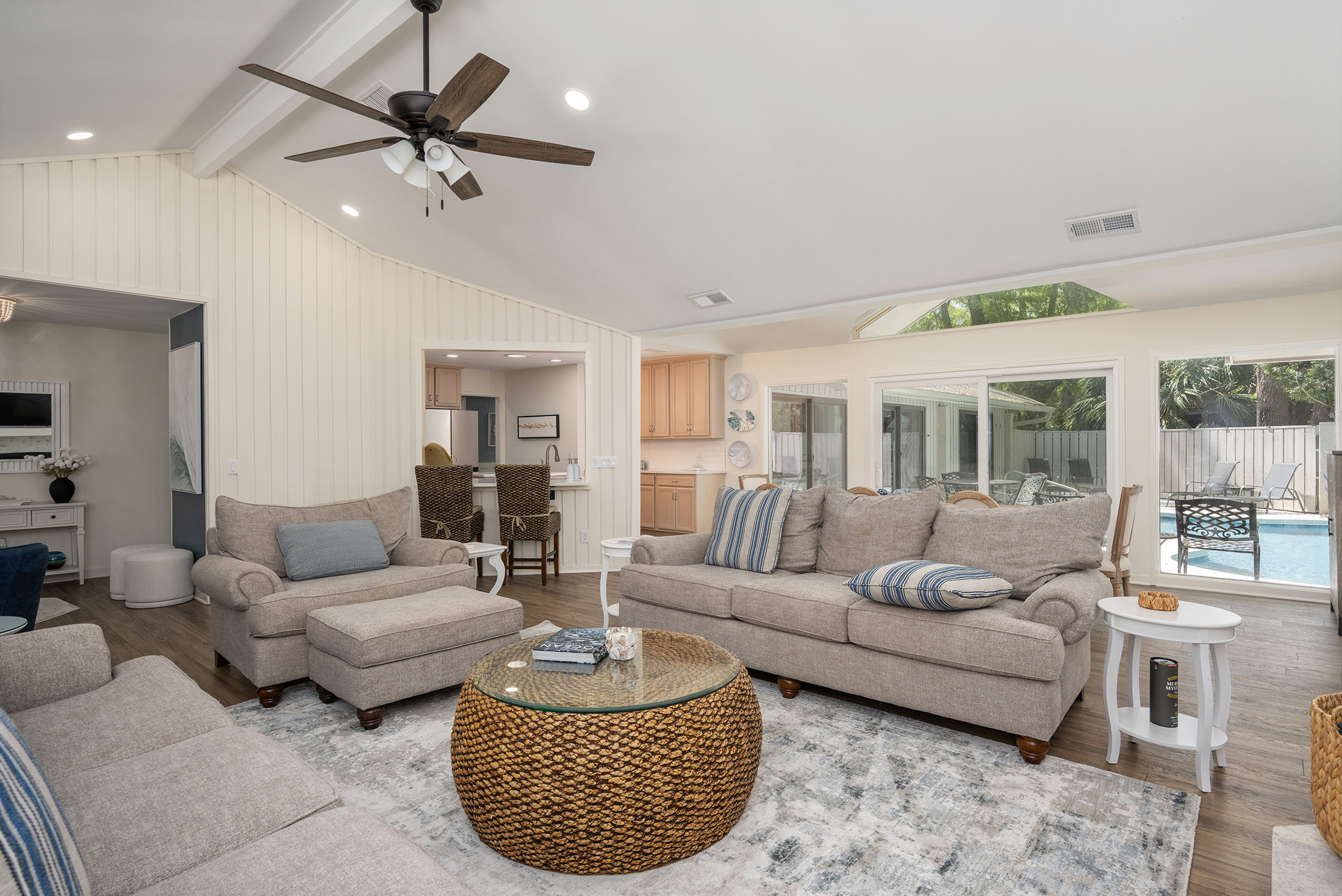 View from living room into the kitchen and dining area