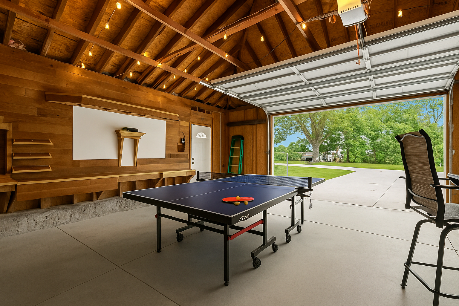 Garage doors open up to a spacious yard—enjoy ping pong and fresh air all in one!