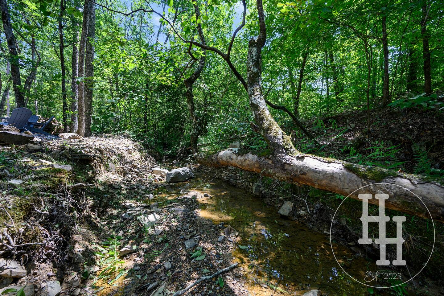 Watch the kids play in the creek from the fire pit chairs.