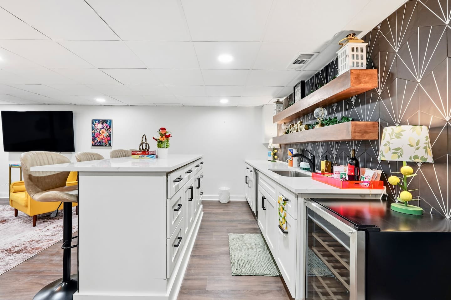 Fun kitchenette perfect for storing all your movie snacks and game night drinks!