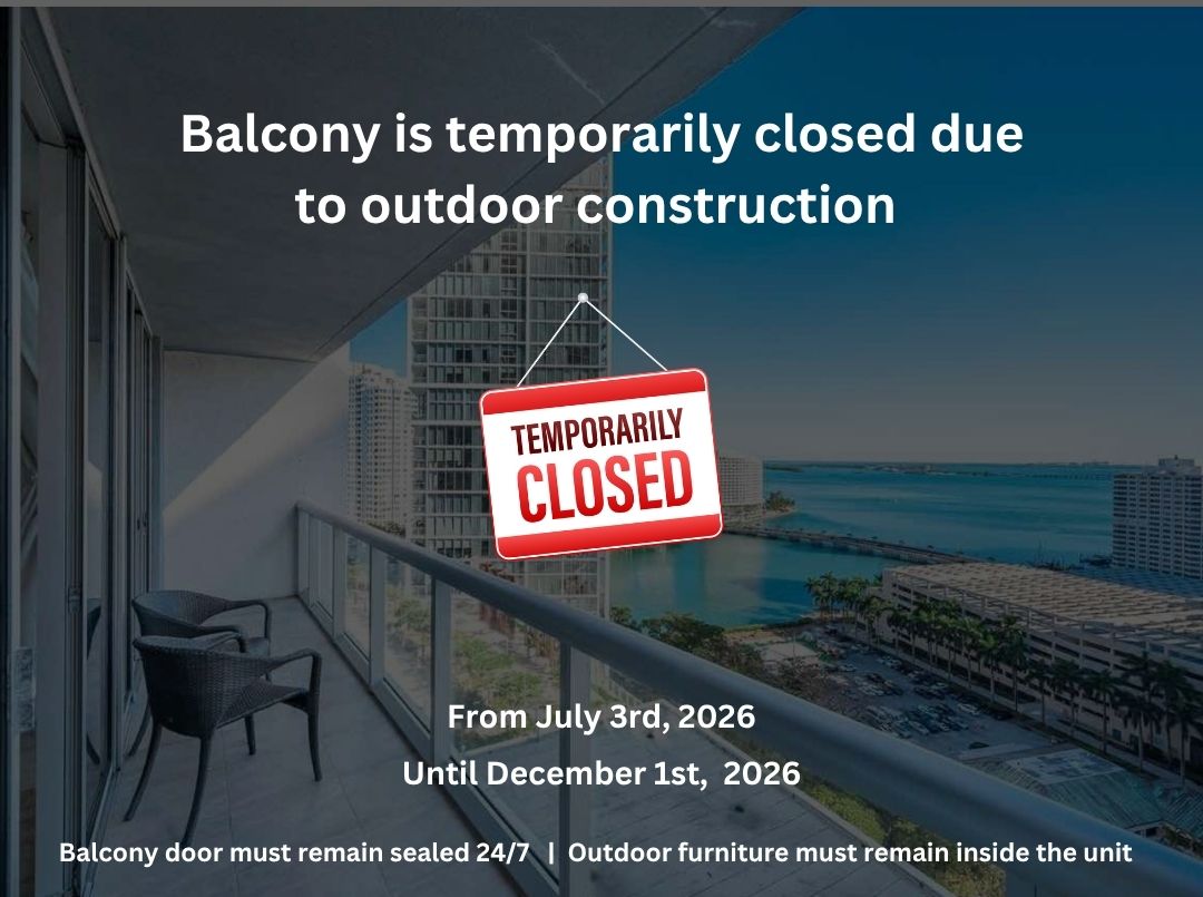🛑 Balcony Access Notice: 
Active building construction is taking place through at least December 1st (subject to extension). The balcony is strictly closed to guests, and balcony doors must remain shut and locked for the duration of your stay.