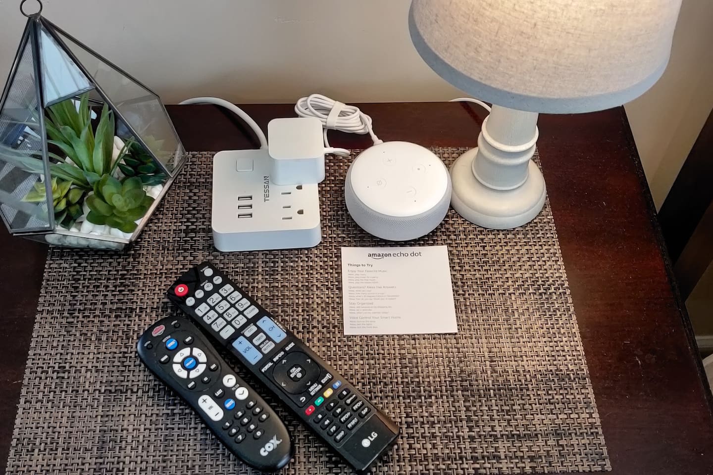 Charging station on each side of bed.  Amazon Echo Dot with Alexa to play soothing music if you prefer to fall asleep to music instead!