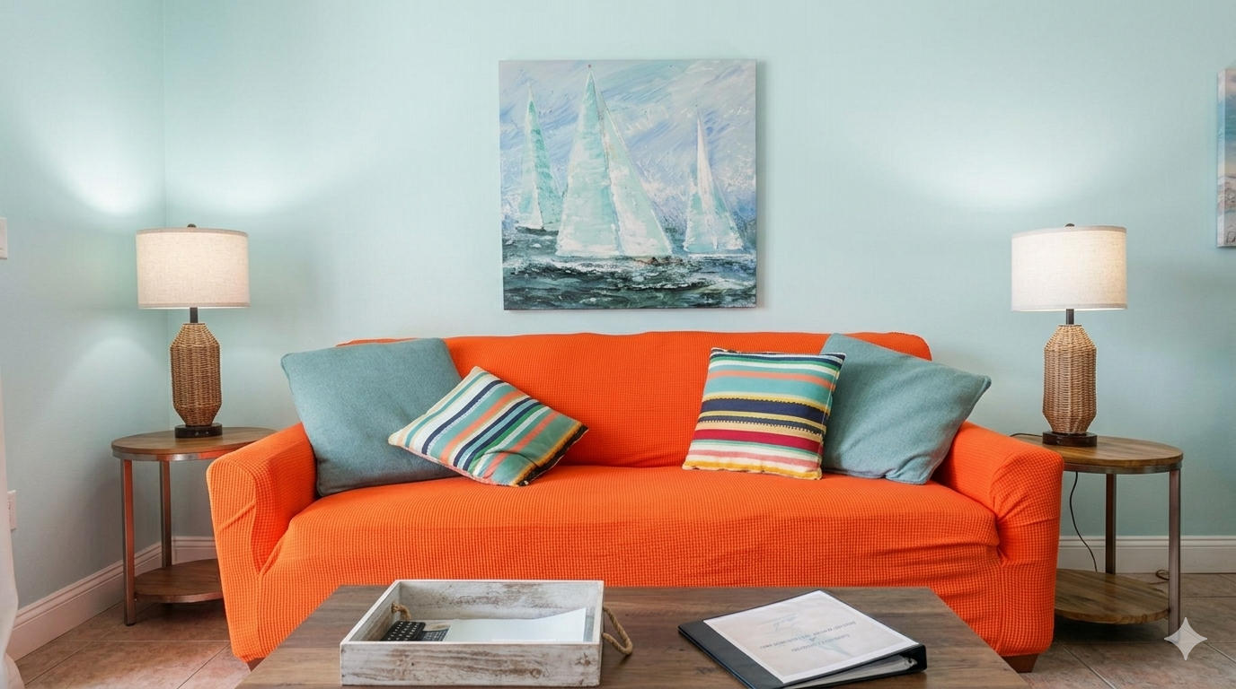 A Fresh Update: We’ve recently added this textured orange cover to our living room sofa. While we wait for our new professional photos, we wanted you to see exactly how the space looks today—bright, clean, and ready for your stay.