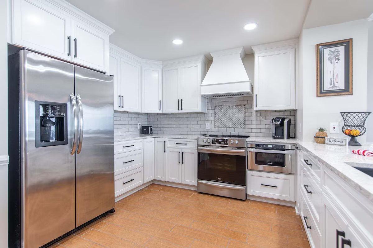 Fully Equipped Modern Kitchen With Gulf View. Also, due to the Open Floor Plan, you can visit with Family and friends who might be in the Dining Room, Living Room, or Breakfast Room while you prepare a meal or Snacks.