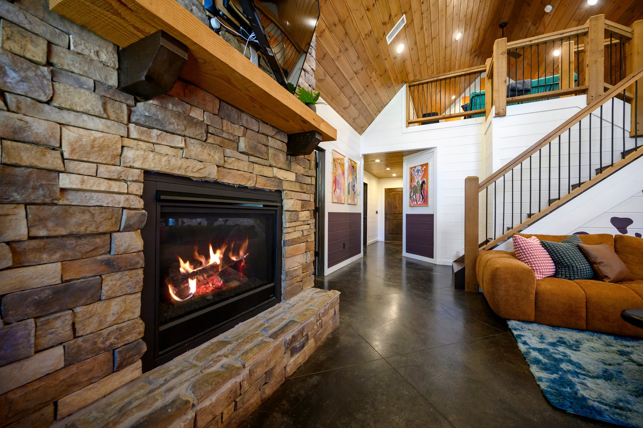 A cozy stone fireplace perfect for chilly evenings and intimate moments.