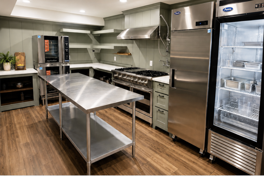 For larger gatherings, our commercial kitchen provides professional-grade appliances, generous prep space, and stainless work surfaces. Available for an additional fee, it's ideal for catered events, retreats, reunions, and group cooking.