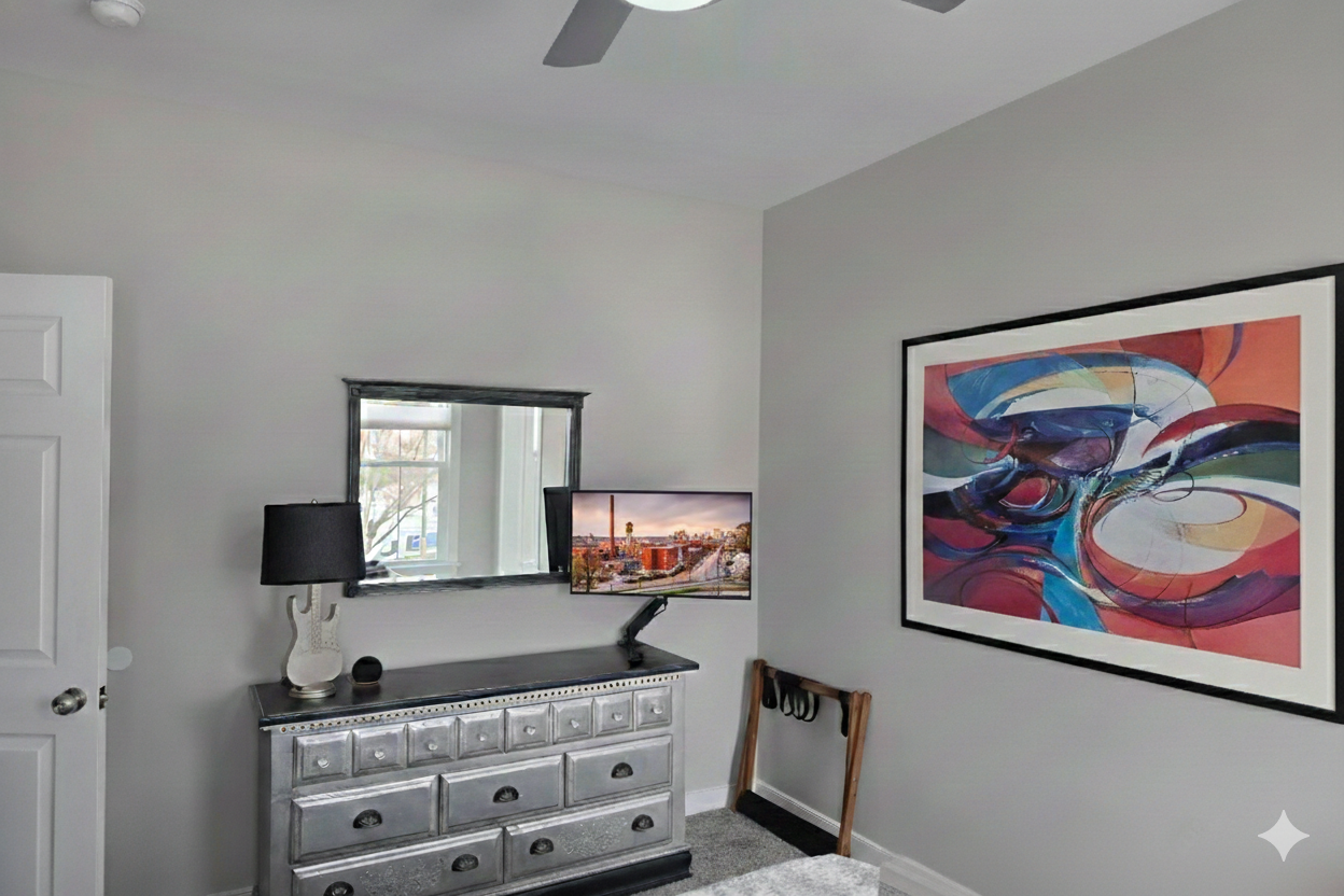 Queen Bedroom 3: Relax on a plush bed adorned with vibrant pillows and gentle natural light with a Smart TV.