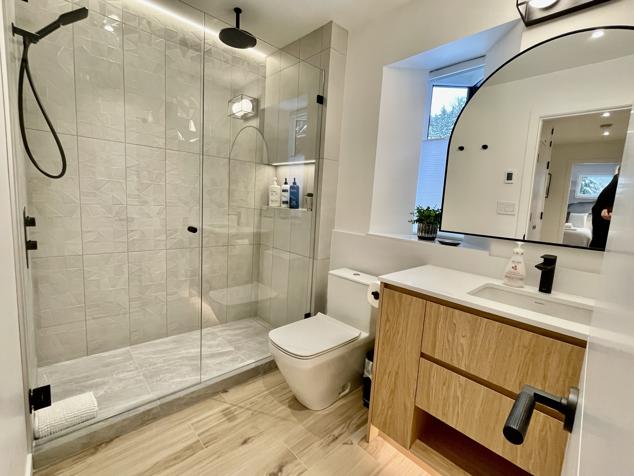 Bathroom 2- Large walk-in shower, heated floors, raincan showerhead  accent LED lighting