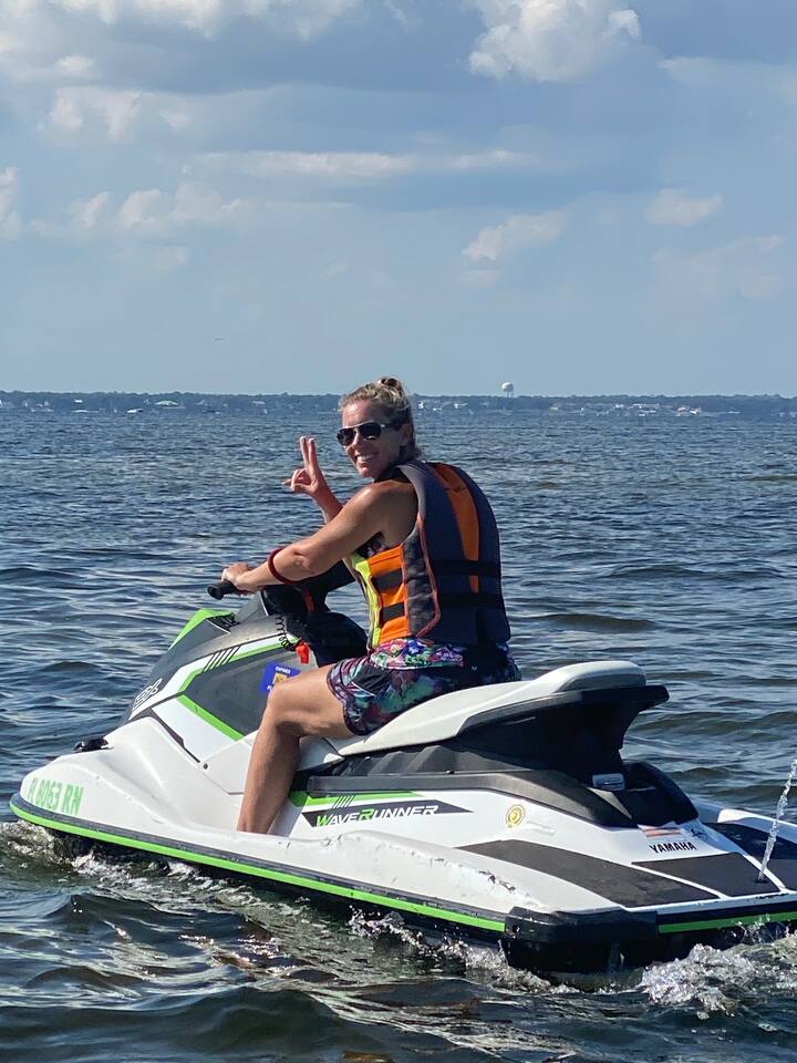 Wave Runner fun.  You can rent wave runners and pontoon boats walking distance from Destin West.  We love to cruise the bay looking for dolphin and chill at crab island.  A perfect day