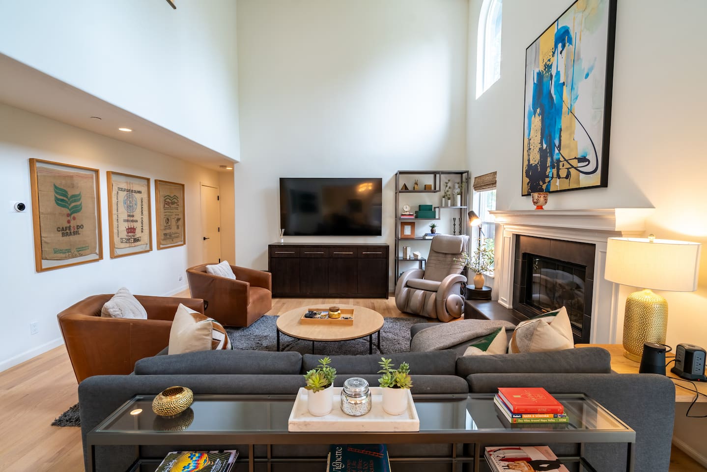 Living area with smart tv, massage chair and fireplace