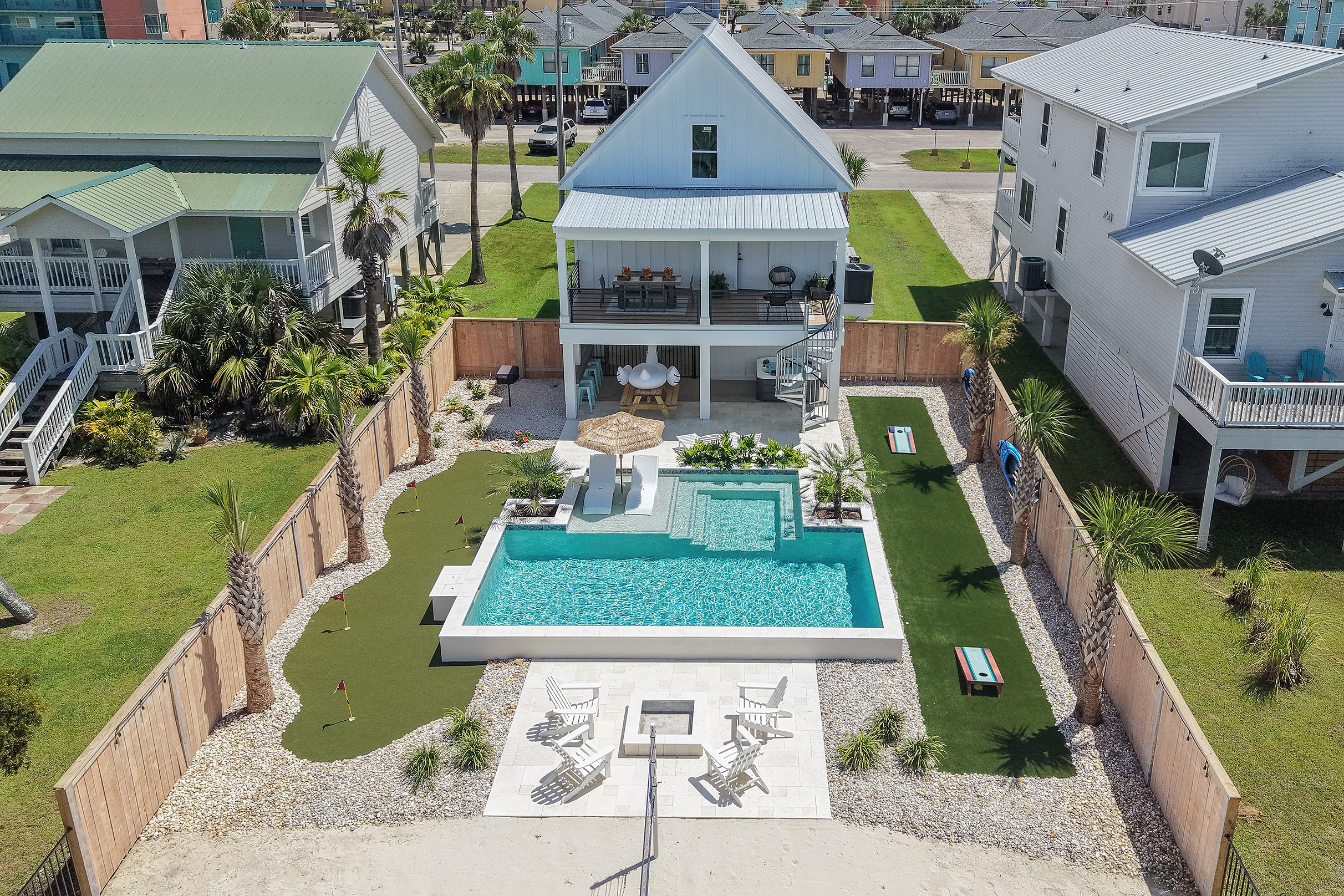 A bird’s-eye look at the private pool and activity-packed backyard.