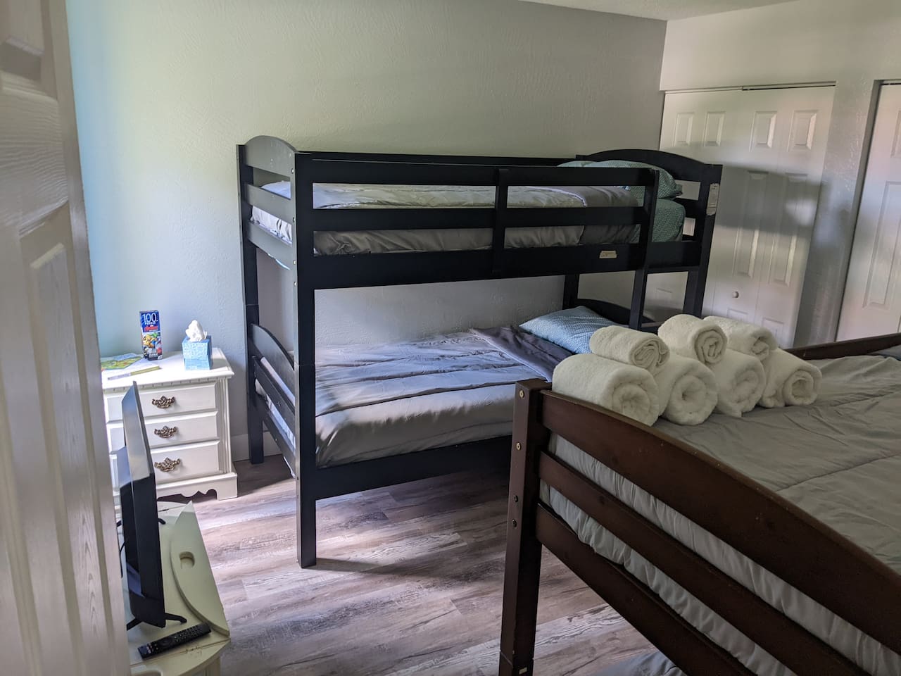 2 sets of bunks beds, TV, and games for the kids