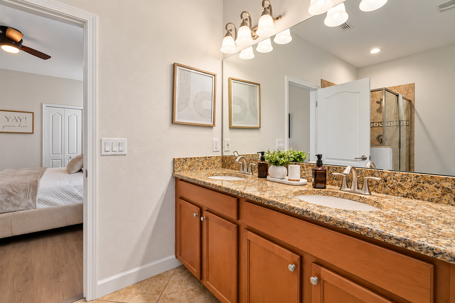 Luxury and spacious ensuite bathroom has plenty of counter space for all your preferred toiletries.