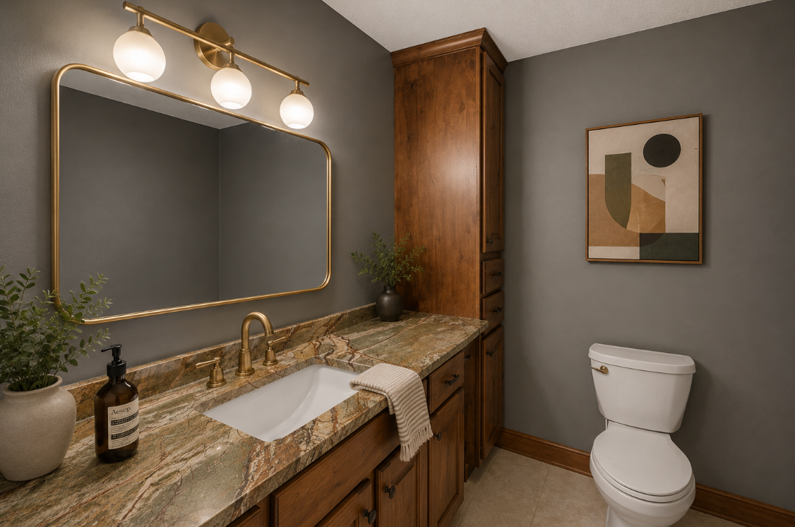{Green Bath 2} Bright, welcoming, and thoughtfully designed, this full bathroom offers generous counter space and modern finishes for a comfortable stay.