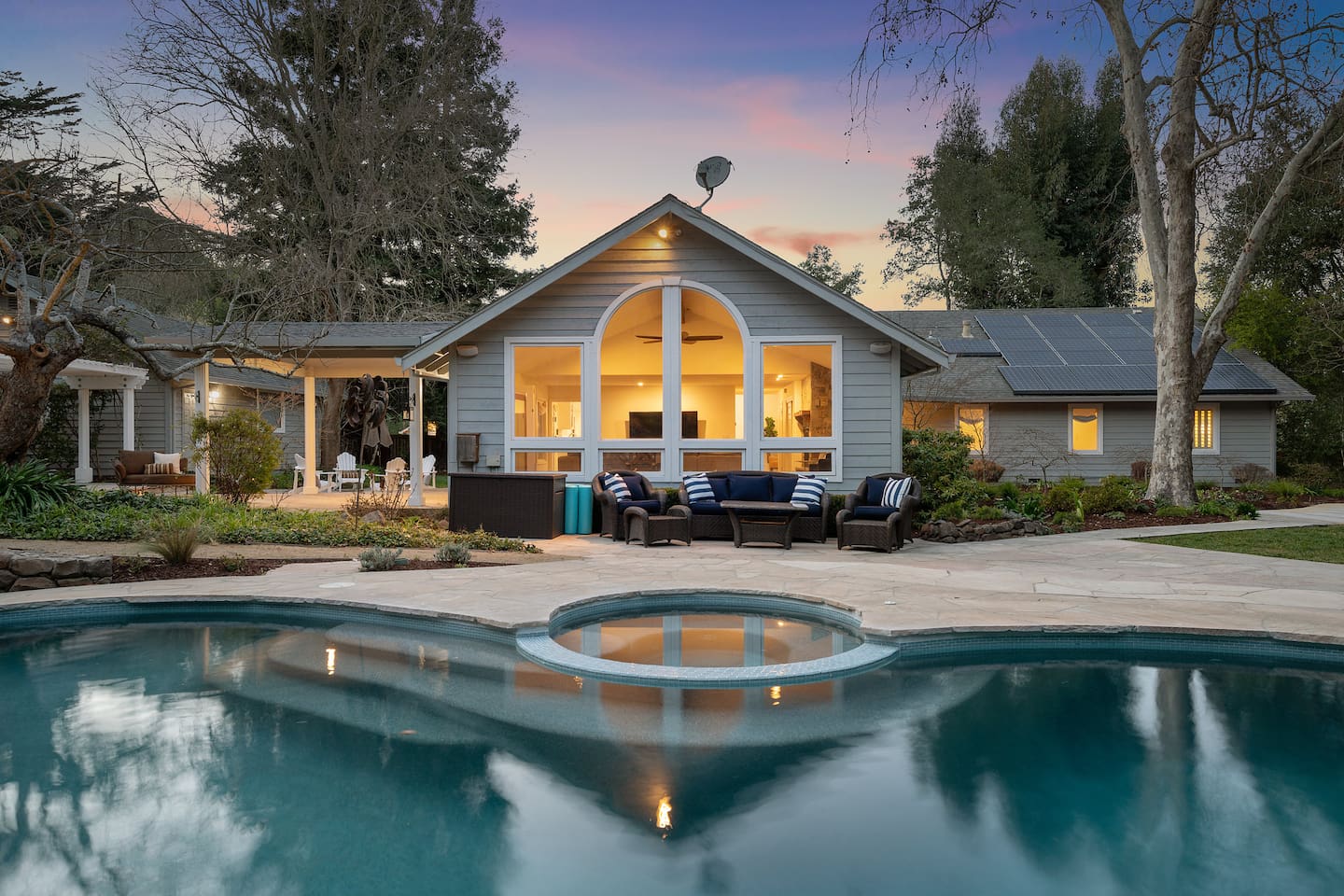 This newly remodeled saltwater pool and spa is gas-heated to be comfortable all year. Enjoy the 15ft rock waterfall while in the pool or as a backdrop to outdoor dining.