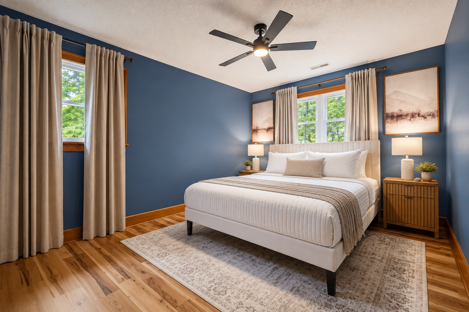 {Bedroom 4} Warm tones, soft lighting, and woodland-inspired décor create a cozy retreat where you can recharge after a day of adventure.