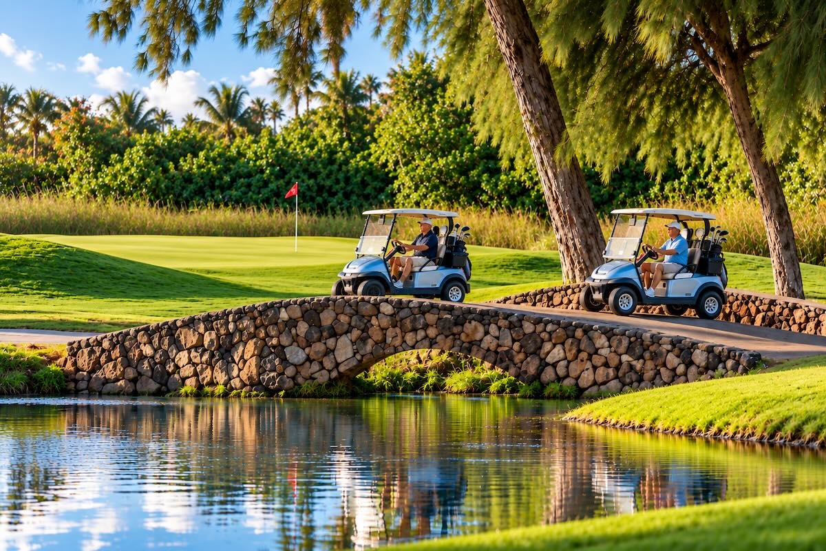 Golf carts crossing a stone bridge