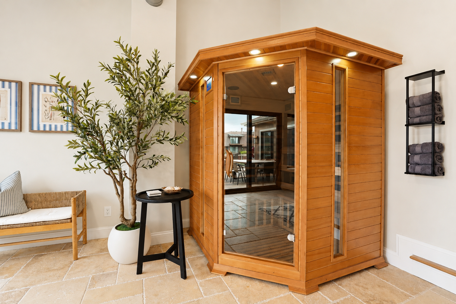 Relax and recharge in the private infrared sauna, offering a spa-like retreat to unwind, soothe muscles, and rejuvenate after a day of adventure.