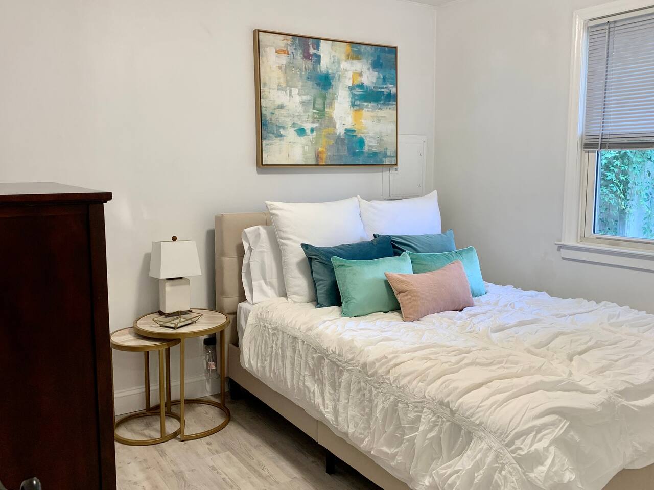 Queen bed with a super comfortable mattress, full tall dresser and closet