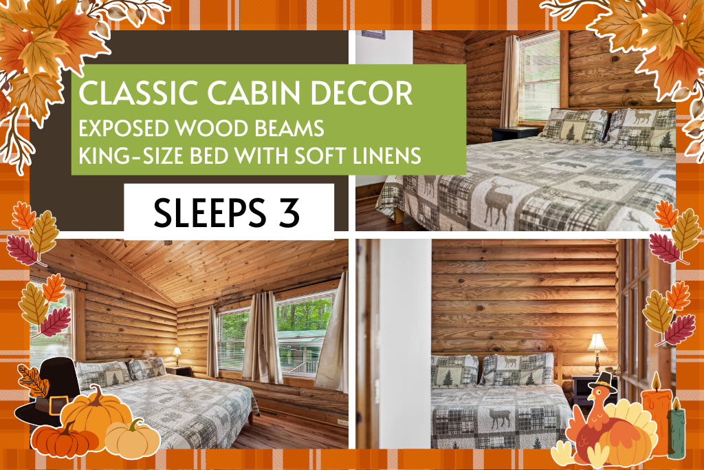 Rustic charm meets plush comfort in this king-bed retreat.