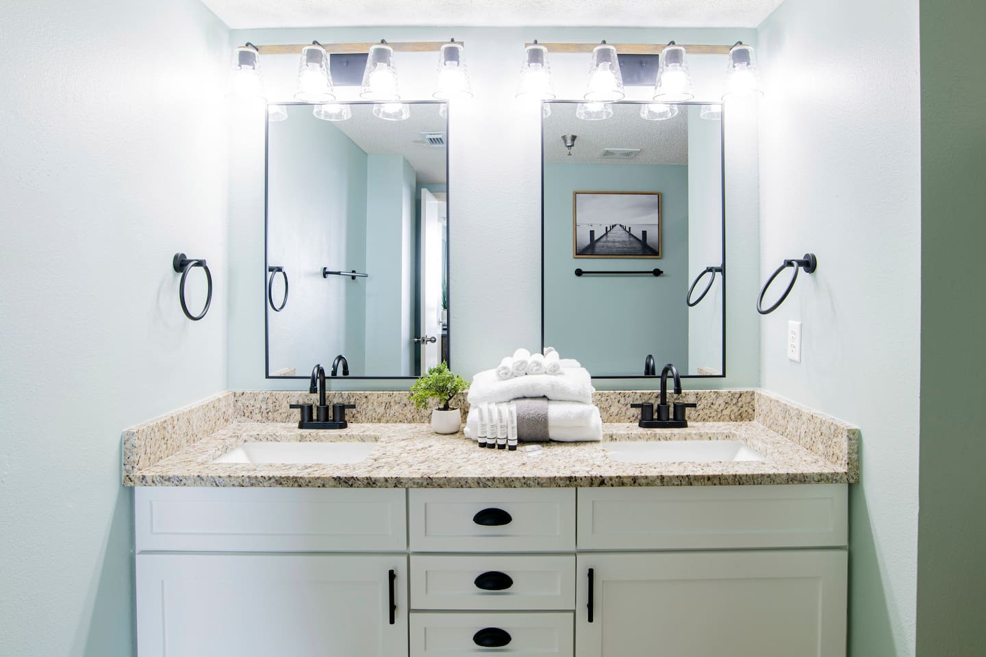 New Master Bathroom vanity, complete with double sinks and plenty of drawer space.