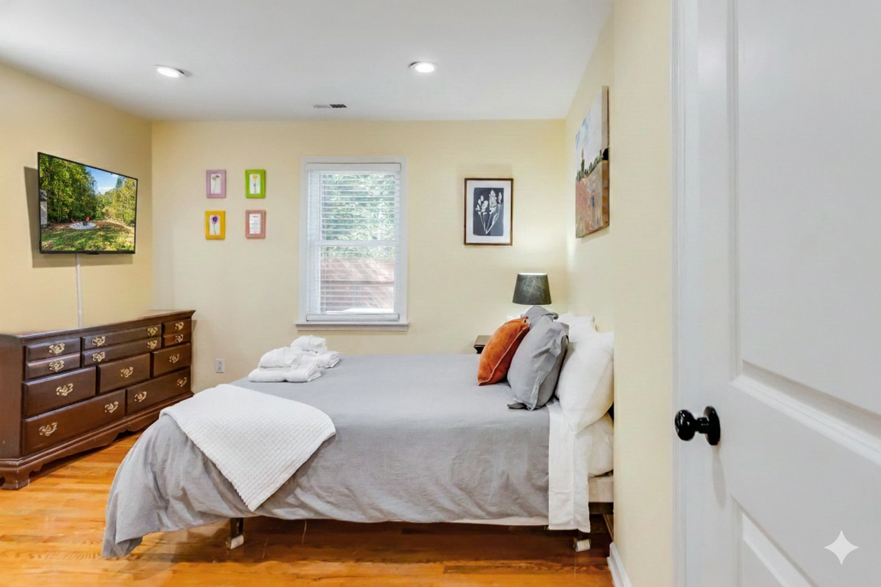 Upstairs Queen Bedroom 2: Bright, inviting space with warm decor and a view of tranquil green outdoors!