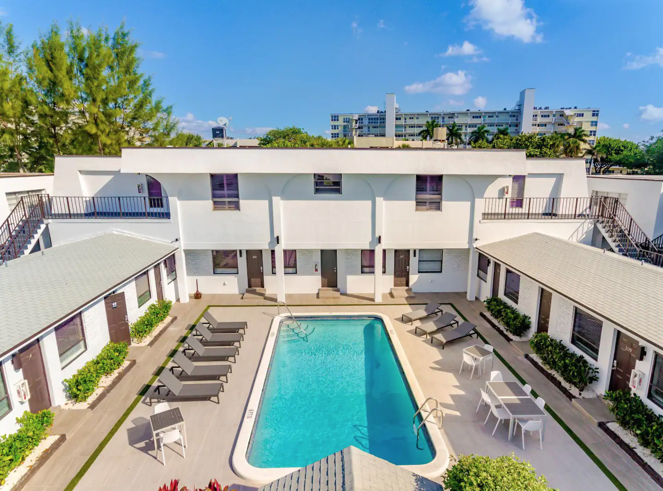 Courtyard view of the pool deck gathering area.