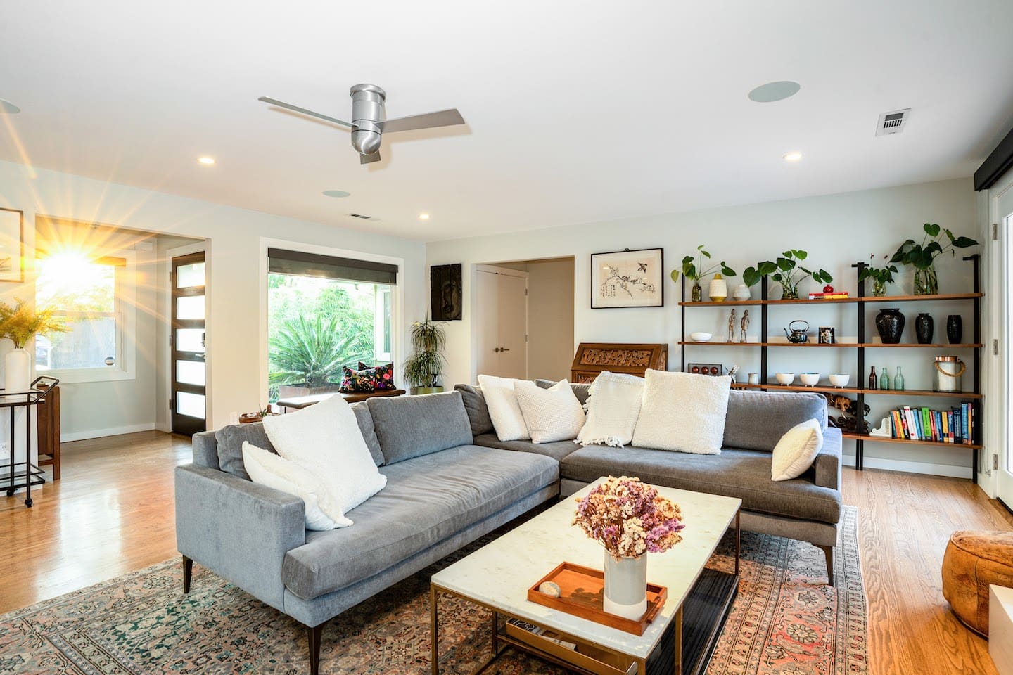 Living area with smart tv and fireplace.