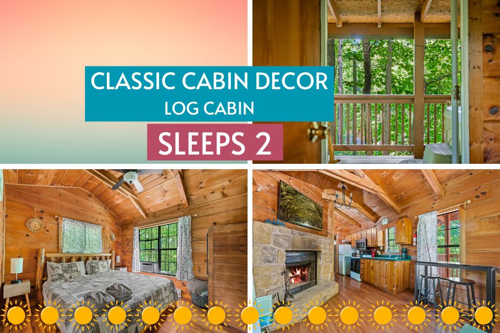 Relax in a classic log cabin built for two, with rustic decor, a comfy futon, and peaceful wooded views.