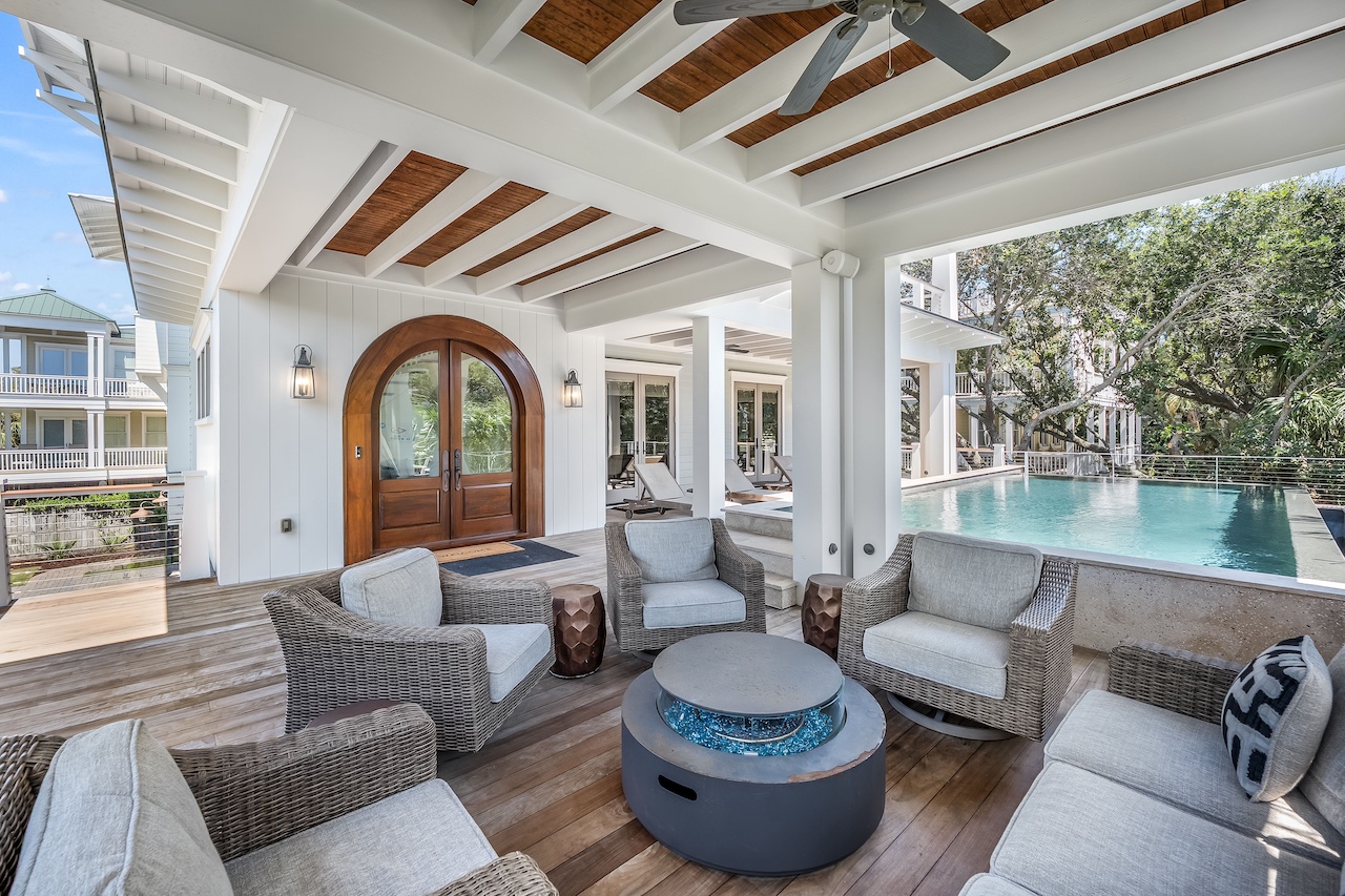 Sitting area on Front Porch with Fire Table Shore Thing | 4001 Palm Blvd | Isle of Palms, SC | IOP Escapes