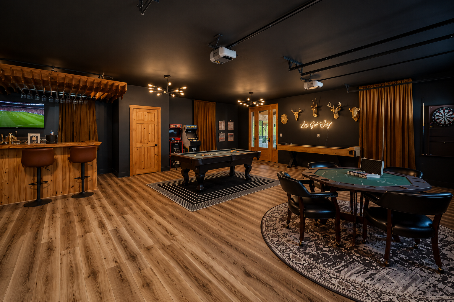 {Garage Game Room & Speakeasy} Challenge friends to shuffleboard, play arcade classics, gather around the poker table, or enjoy a drink at your own private speakeasy—the ultimate space for unforgettable nights together.