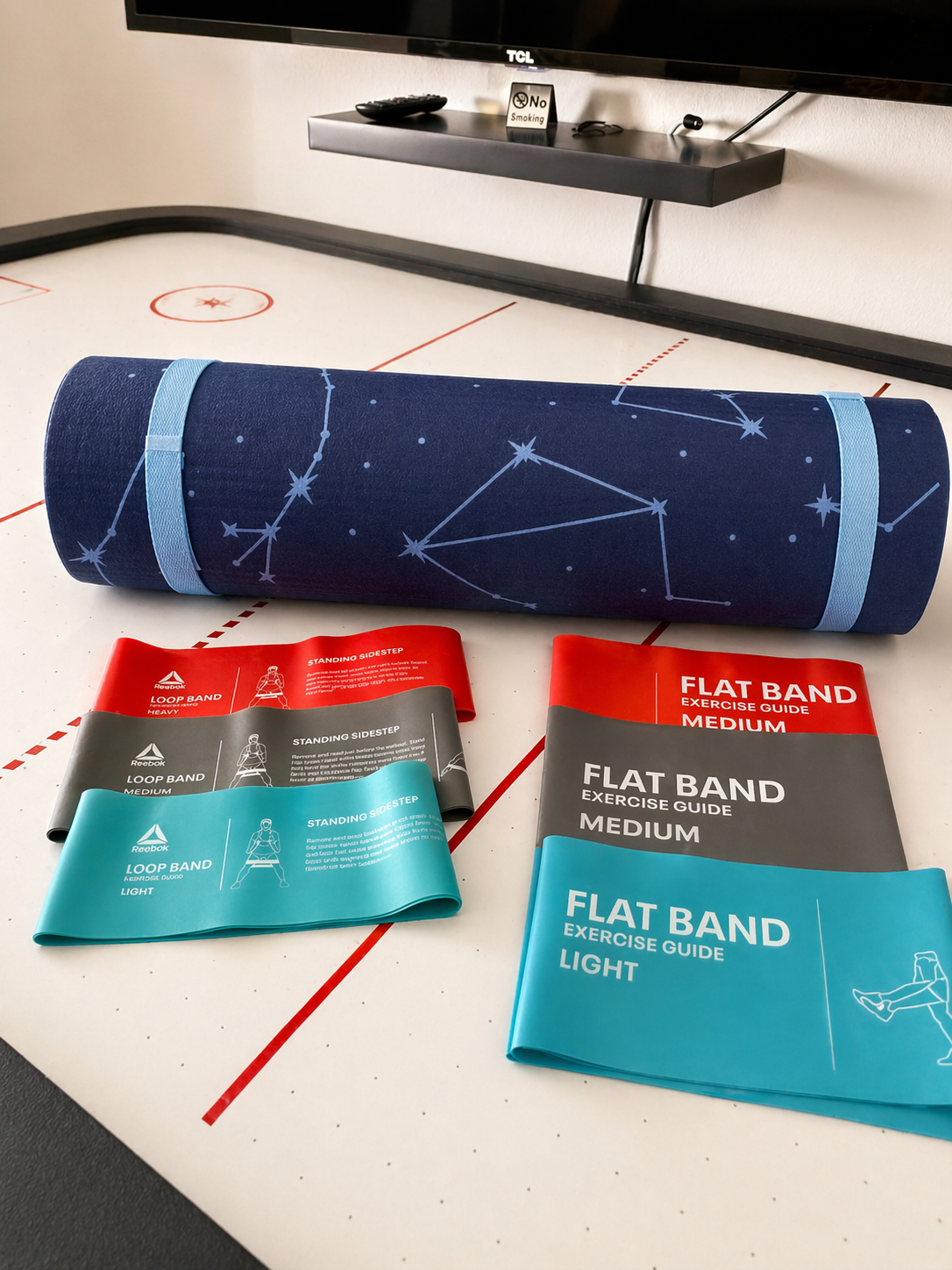 Resistance band exercise equipment and yoga mat available in the closet, for your convenience