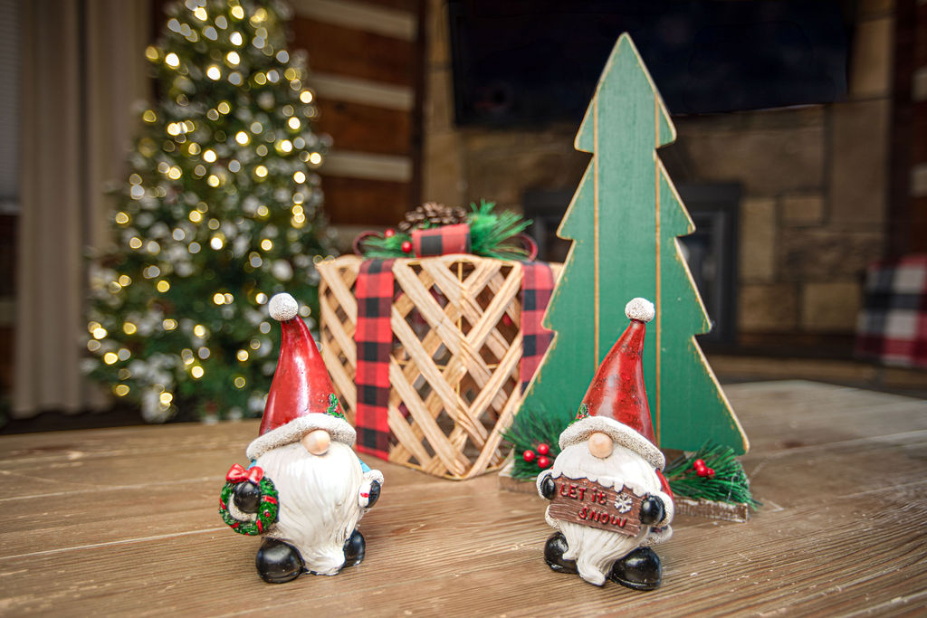 Charming holiday gnomes add a touch of whimsy.