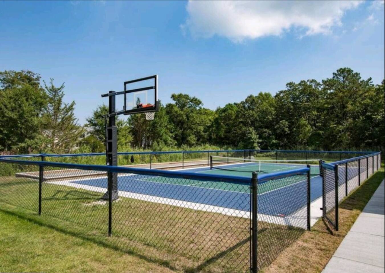 A vibrant blue-and-green outdoor court enclosed by black fencing, equipped with a regulation basketball hoop and nets for tennis or pickleball—set against a backdrop of mature trees.
