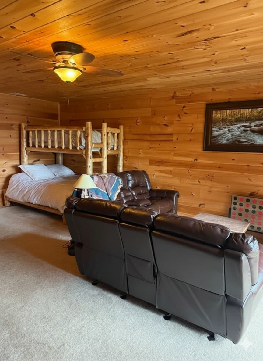 Bunk Room Retreat: Rustic charm with comfy beds for adventures and cozy evenings together!

