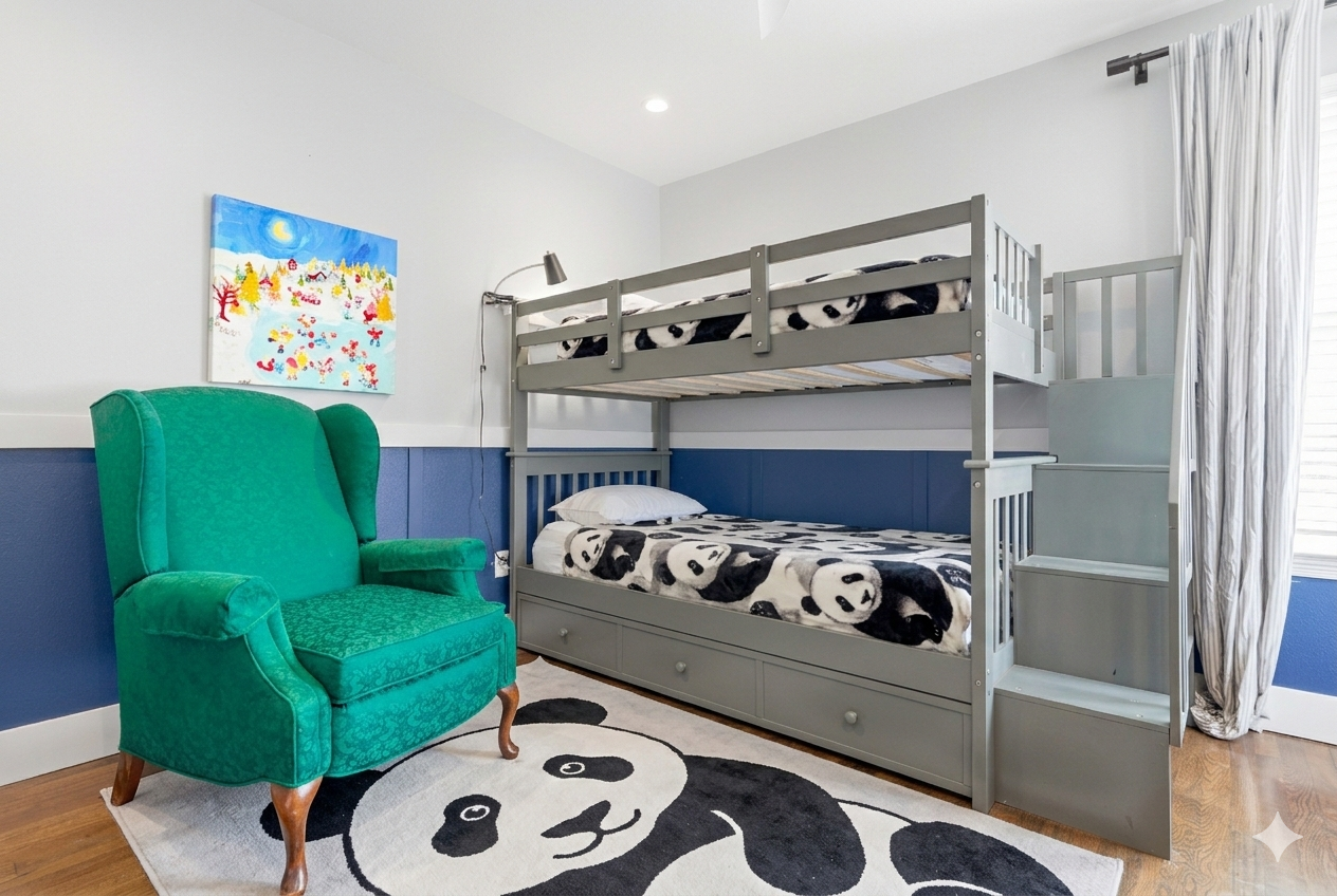 kids room have bunk bed with two twin/ single beds, a study/ work  table