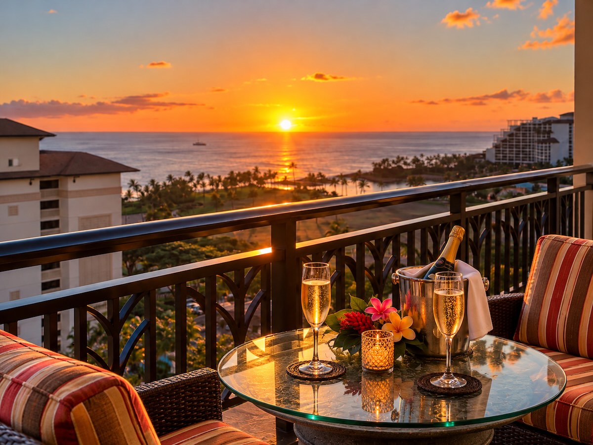 Romantic sunset and champagne on the Ko Olina penthouse lanai