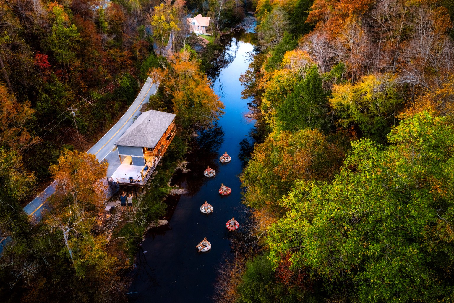 A view from above - Take Me to the River is perched directly over Gatlinburg’s famous Little Pigeon River, offering a true riverfront cabin escape. TUBES/FLOATS ARE NOT PROVIDED. SWIM AND EXPLORE THE RIVER AT YOUR OWN RISK. NO LIFEGUARD ON DUTY.