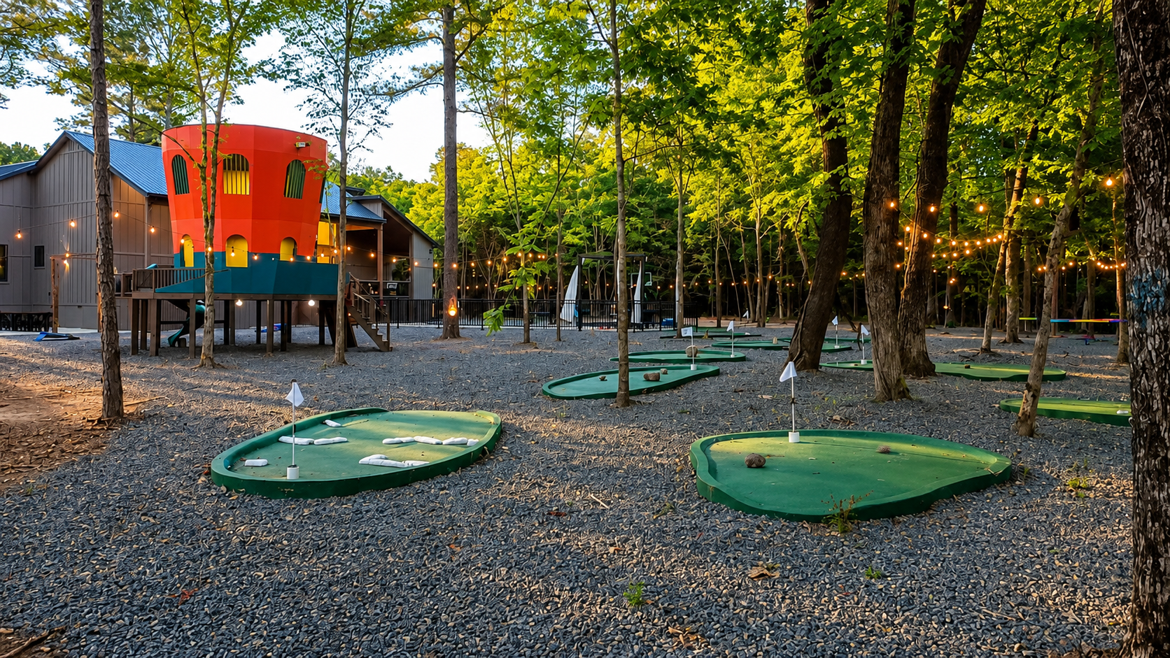 Outdoor Fun: Enjoy mini-golf under twinkling lights in this enchanting forest oasis!