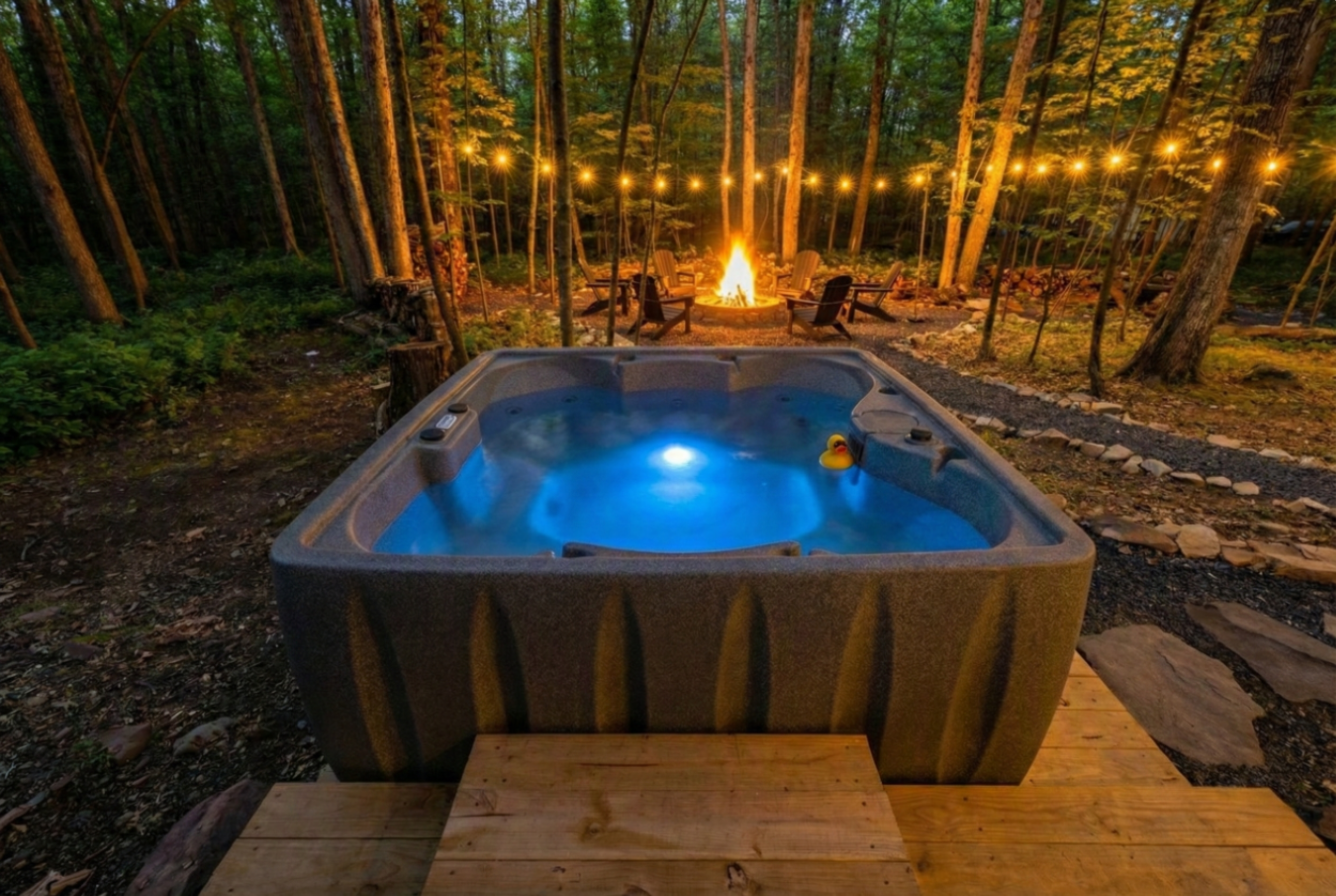 Soak in your private tub overlooking the firepit and woods - if you are lucky, a deer will walk by