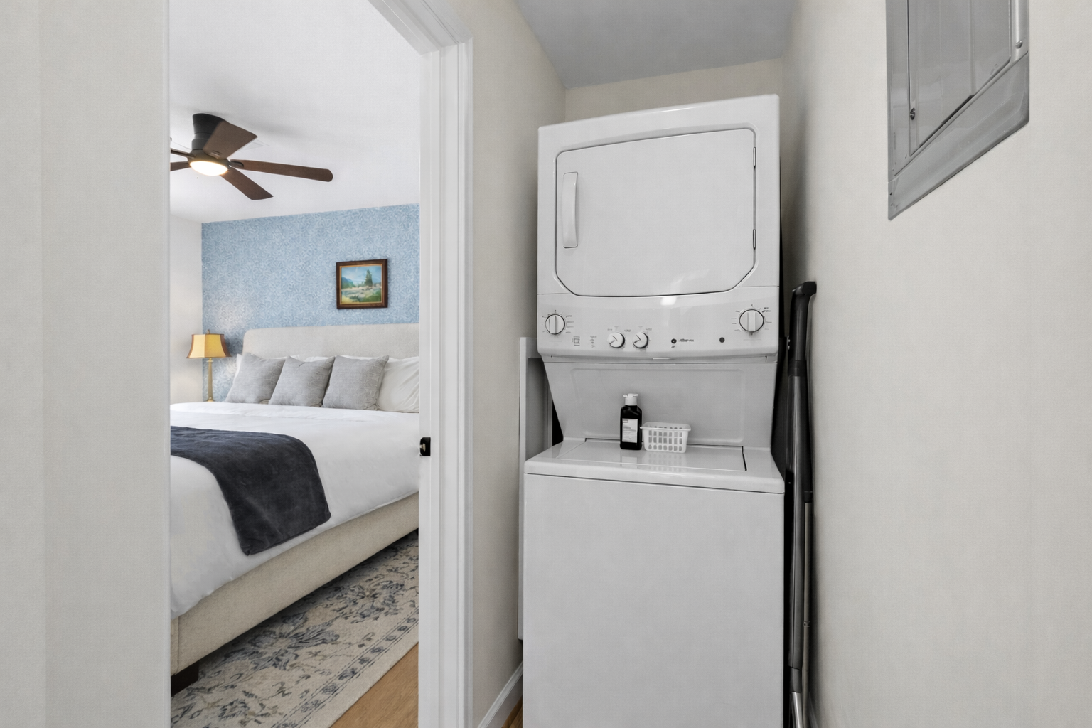 Enjoy the convenience of an in-unit washer and dryer, tucked neatly near the bedroom—making longer stays easy and stress-free.