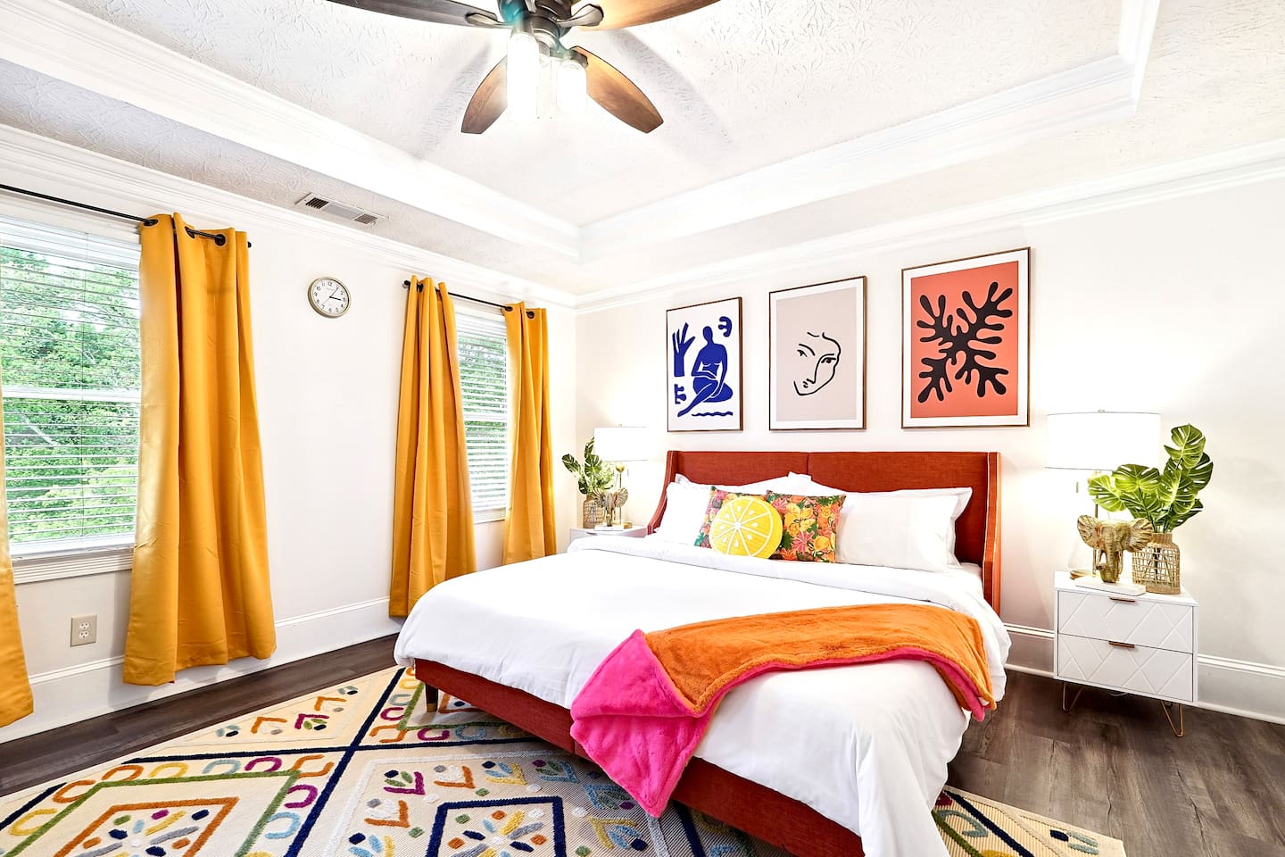 Bedroom 3 is located upstairs, a master bedroom featuring a king bed, TV, a private en-suite bathroom, and a dedicated desk space.