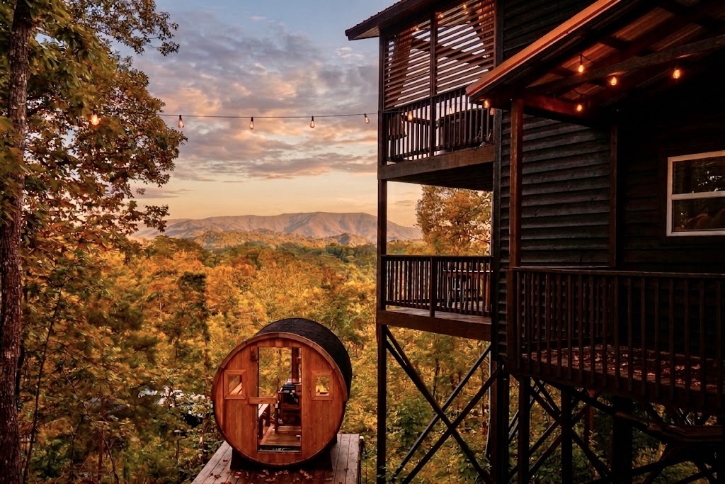 Incredible sunsets from two decks or from the warmth of a panoramic glass wall barrel sauna. A short gravel path takes you to the firepit, grill and sauna amenities and outdoor curtains add extra privacy to relaxing hot tub soaks from the upper deck.