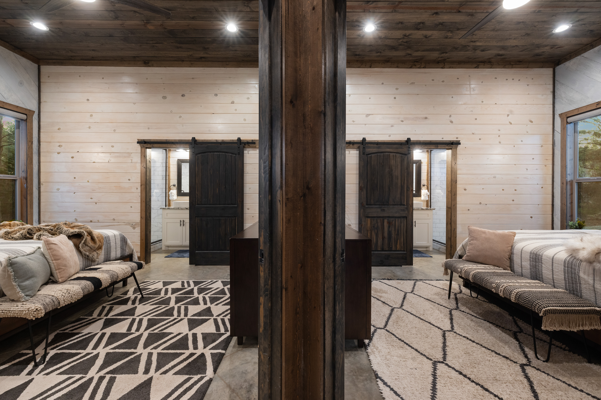 A peaceful corridor opens to restful spaces on both sides. The design guides you from lively gatherings to quiet retreat without missing a beat.