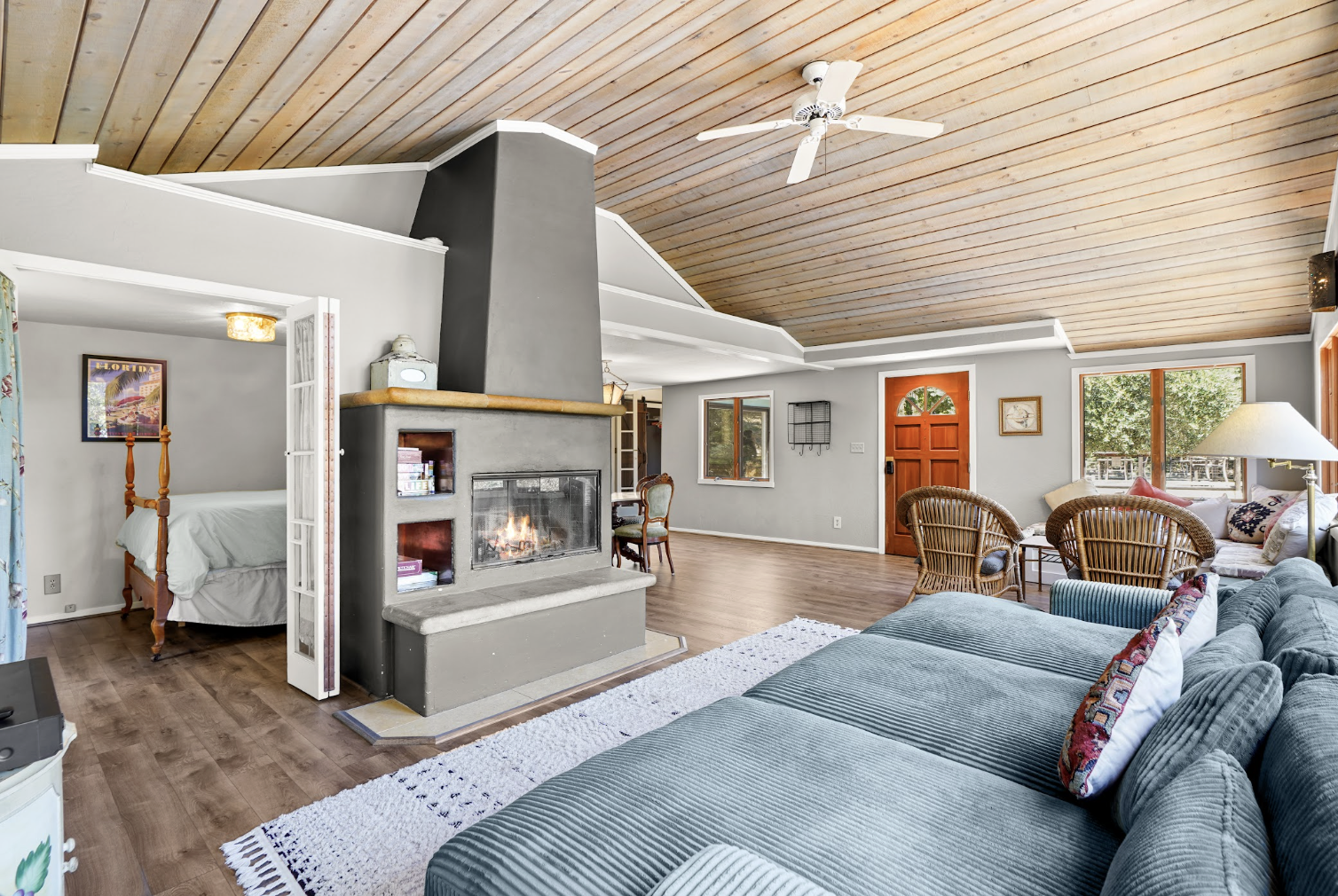 Cozy gathering space with a warm fireplace