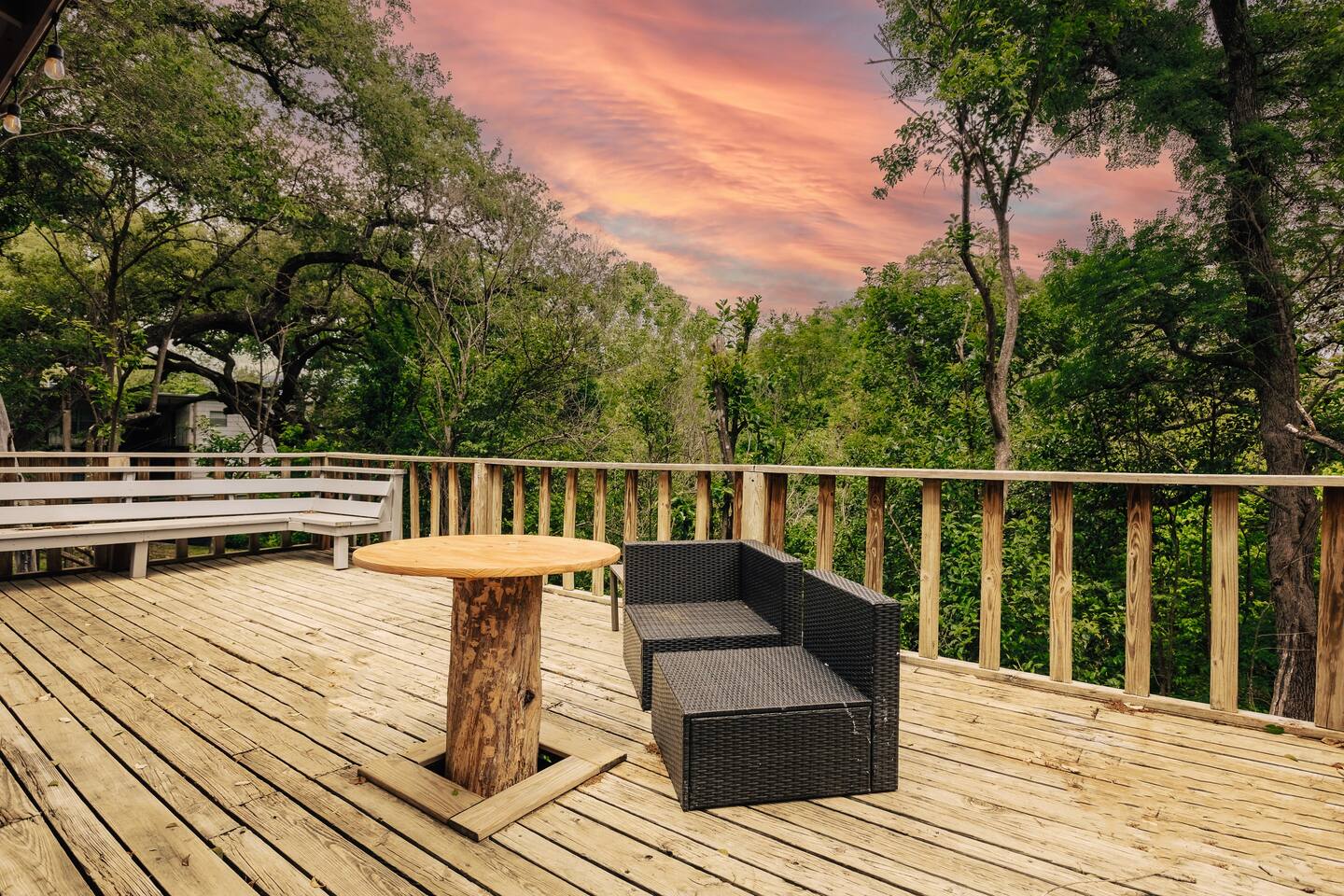 Sit on our back patio facing a creek and park, listen to bird chirps