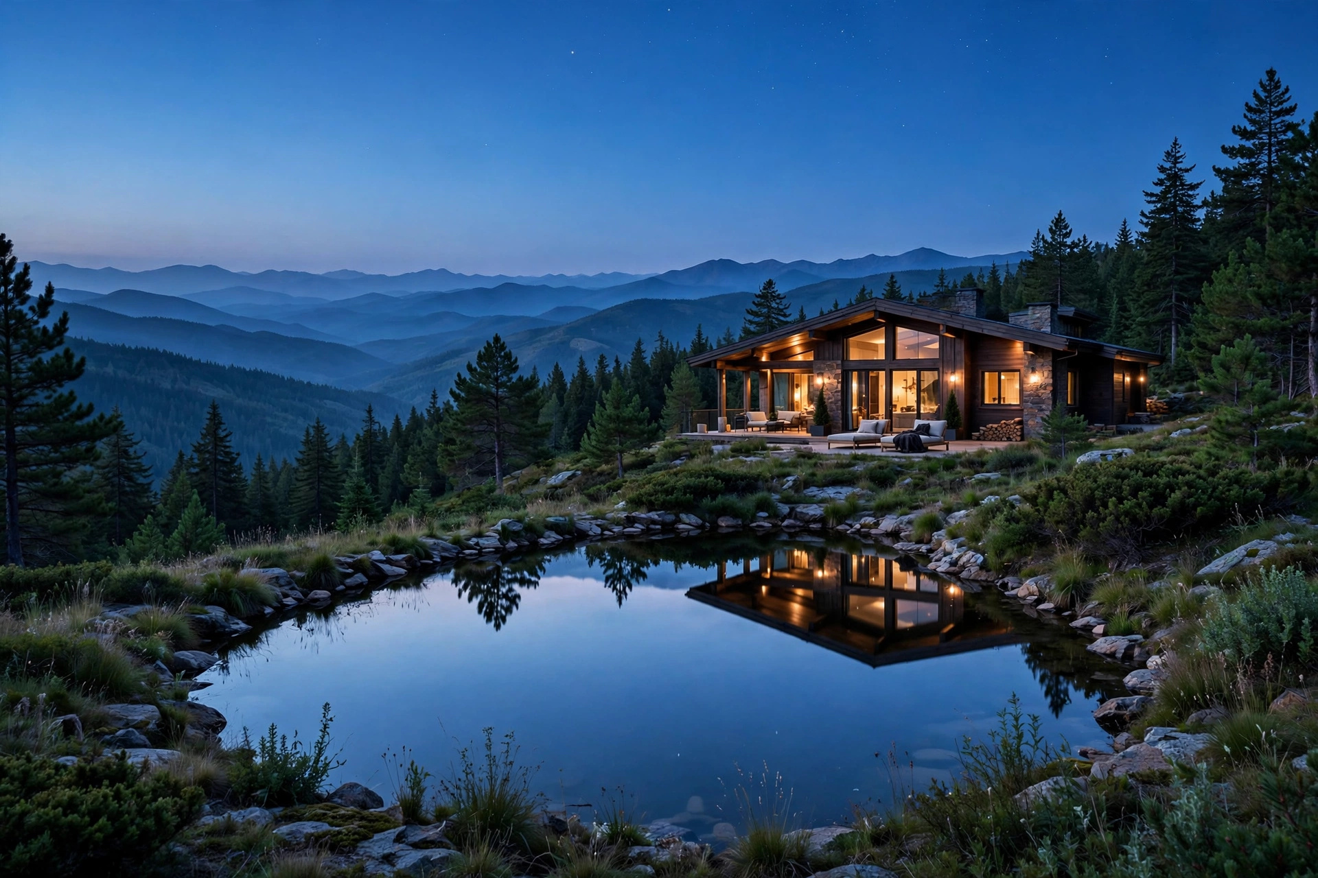 Illustration: private pond reflecting the evening sky at a hilltop estate