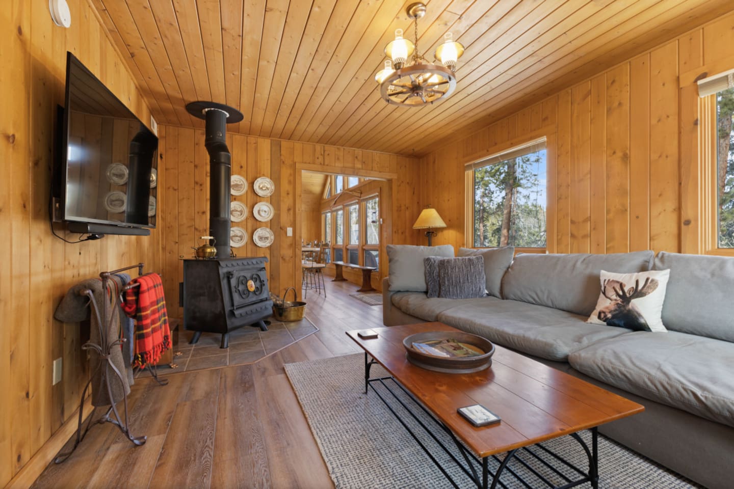 Living Room with HDTV & Wood Burning Stove